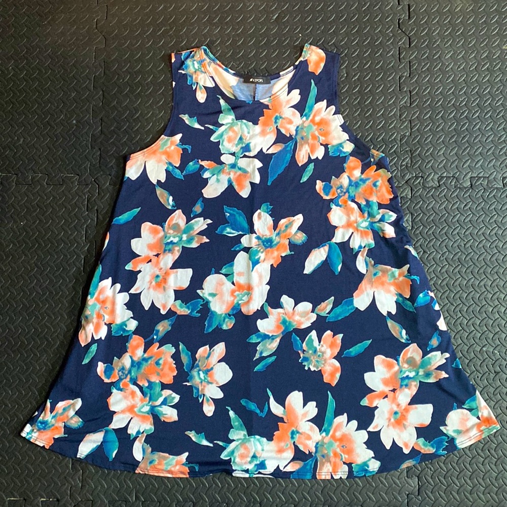Navy & Coral Sleeveless Dress w Pockets!